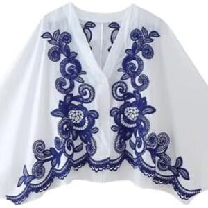 Leaving closet 5/26/25  Zara White and Blue Embellished Crop Blouse